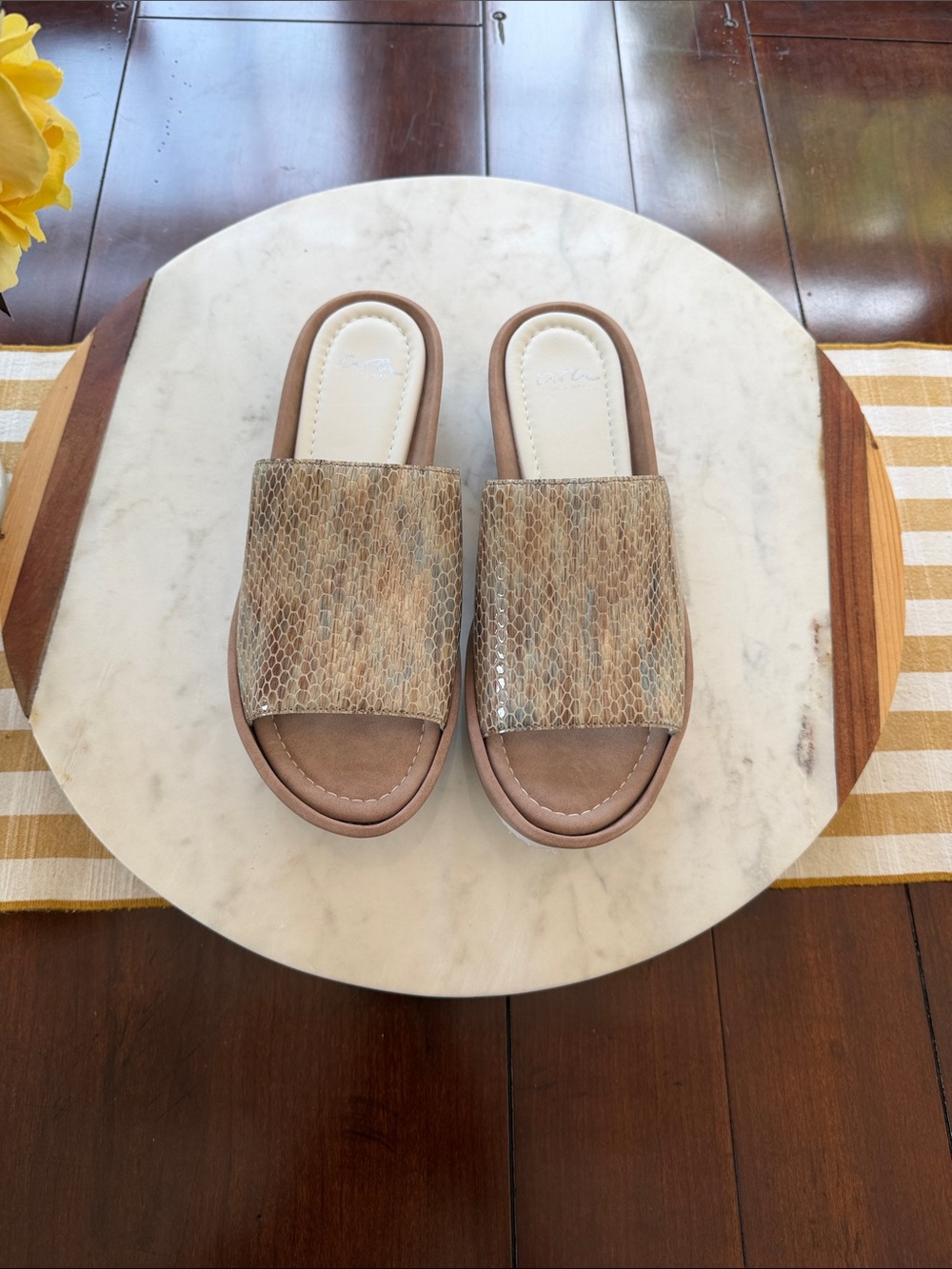 Ara Taupe Snake-Print Slide Sandals